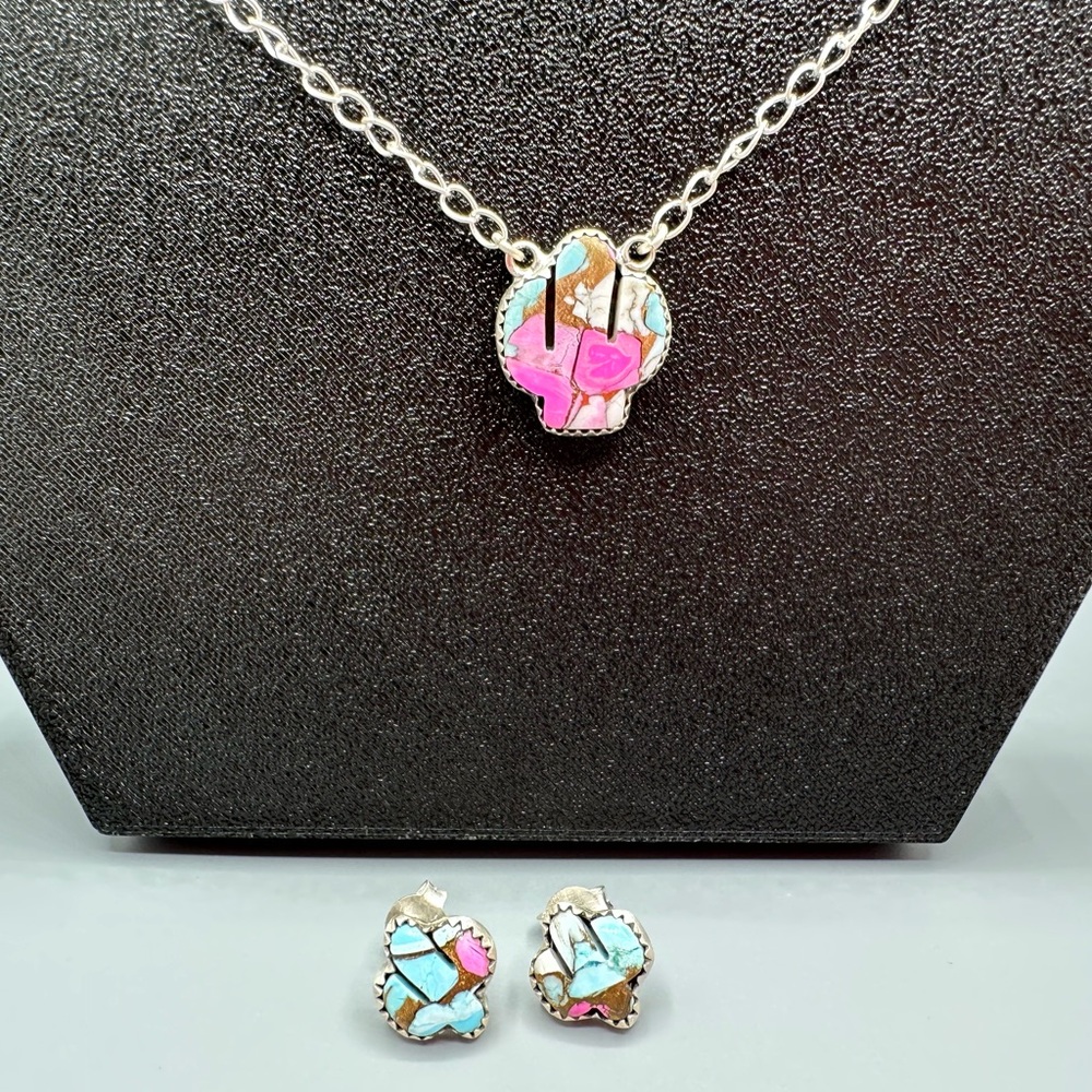 🌵 Sterling Silver 925 Cotton Candy Turquoise Cactus Necklace and Earrings Set - Picture 3 of 10